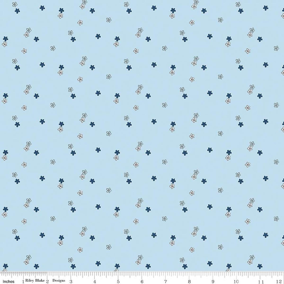 Image of Blue Blooms and Threads Ditsy Blue quilting cotton fabric by Christopher Thompson for Riley Blake Designs. Features flowers on a blue background. Cute Little Fabric Shop.