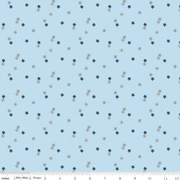 Image of Blue Blooms and Threads Ditsy Blue quilting cotton fabric by Christopher Thompson for Riley Blake Designs. Features flowers on a blue background. Cute Little Fabric Shop.
