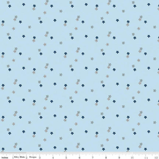 Image of Blue Blooms and Threads Ditsy Blue quilting cotton fabric by Christopher Thompson for Riley Blake Designs. Features flowers on a blue background. Cute Little Fabric Shop.