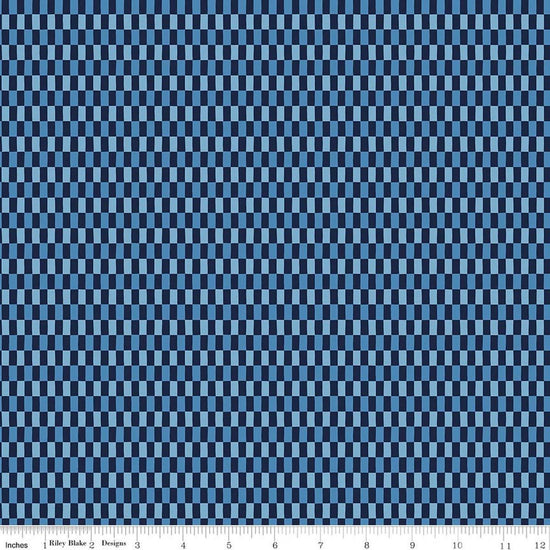 Image of Blue Blooms and Threads Checks Navy quilting cotton fabric by Christopher Thompson for Riley Blake Designs. Features squares on a blue background. Cute Little Fabric Shop.