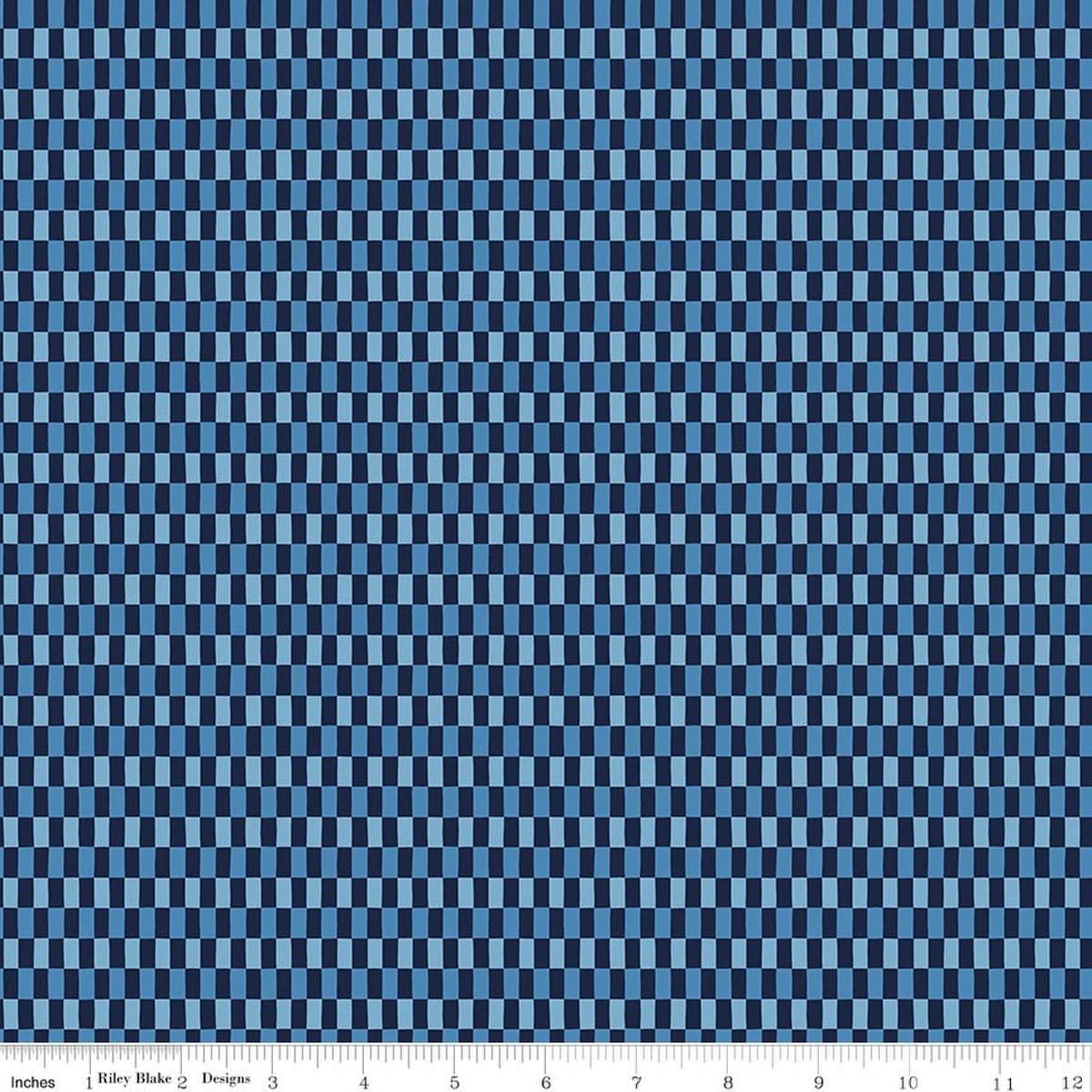 Image of Blue Blooms and Threads Checks Navy quilting cotton fabric by Christopher Thompson for Riley Blake Designs. Features squares on a blue background. Cute Little Fabric Shop.