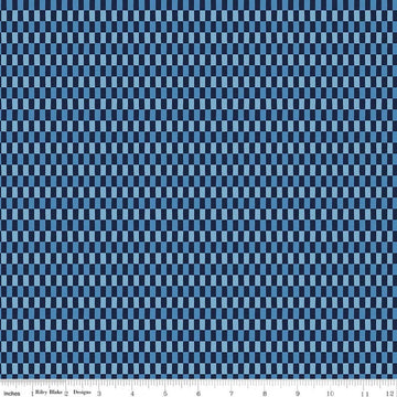 Image of Blue Blooms and Threads Checks Navy quilting cotton fabric by Christopher Thompson for Riley Blake Designs. Features squares on a blue background. Cute Little Fabric Shop.