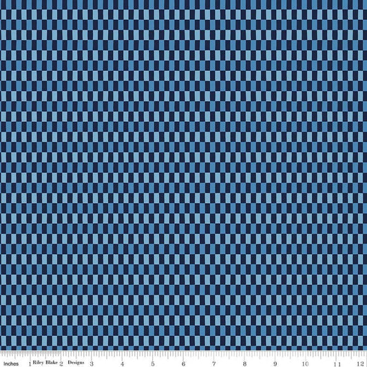 Image of Blue Blooms and Threads Checks Navy quilting cotton fabric by Christopher Thompson for Riley Blake Designs. Features squares on a blue background. Cute Little Fabric Shop.