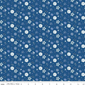 Image of Blue Blooms and Threads Floral Denim quilting cotton fabric by Christopher Thompson for Riley Blake Designs. Features flowers on a blue background. Cute Little Fabric Shop.