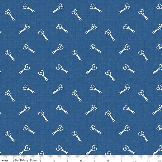 Image of Blue Blooms and Threads Scissors Denim quilting cotton fabric by Christopher Thompson for Riley Blake Designs. Features scissors on a blue background. Cute Little Fabric Shop.