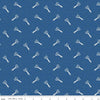 Image of Blue Blooms and Threads Scissors Denim quilting cotton fabric by Christopher Thompson for Riley Blake Designs. Features scissors on a blue background. Cute Little Fabric Shop.