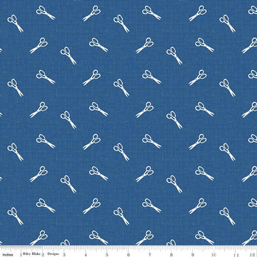 Image of Blue Blooms and Threads Scissors Denim quilting cotton fabric by Christopher Thompson for Riley Blake Designs. Features scissors on a blue background. Cute Little Fabric Shop.