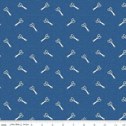Image of Blue Blooms and Threads Scissors Denim quilting cotton fabric by Christopher Thompson for Riley Blake Designs. Features scissors on a blue background. Cute Little Fabric Shop.