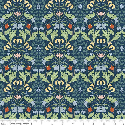 Image of Ambleside Tapestry Navy quilting cotton fabric by Amanda Niederhauser for Riley Blake Designs. Features flowers on a blue background. Cute Little Fabric Shop
