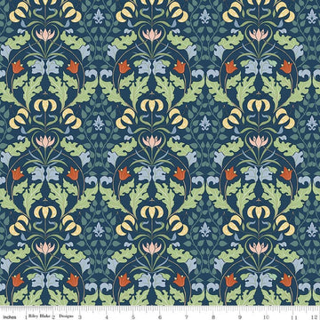 Image of Ambleside Tapestry Navy quilting cotton fabric by Amanda Niederhauser for Riley Blake Designs. Features flowers on a blue background. Cute Little Fabric Shop