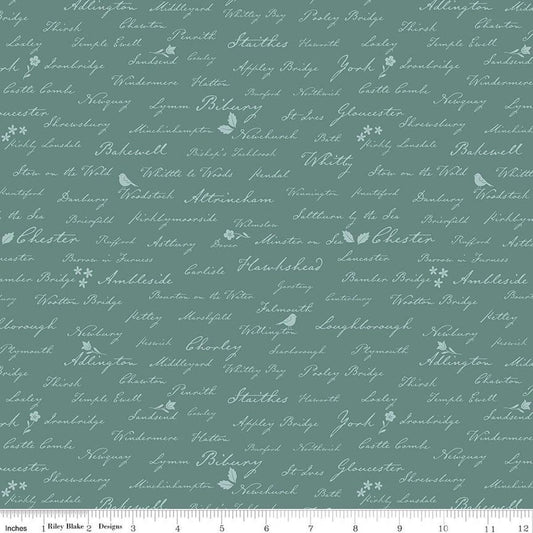 Image of Ambleside Town Names Teal quilting cotton fabric by Amanda Niederhauser for Riley Blake Designs. Features text on a blue background. Cute Little Fabric Shop