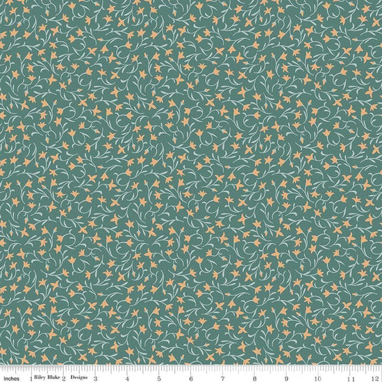 Image of Ambleside Flower Toss Teal quilting cotton fabric by Amanda Niederhauser for Riley Blake Designs. Features flowers on a green background. Cute Little Fabric Shop