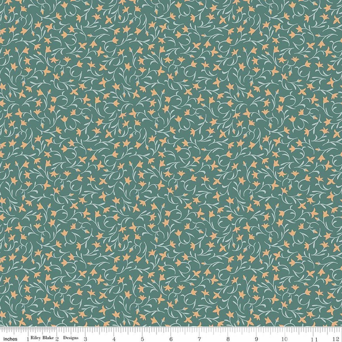 Image of Ambleside Flower Toss Teal quilting cotton fabric by Amanda Niederhauser for Riley Blake Designs. Features flowers on a green background. Cute Little Fabric Shop