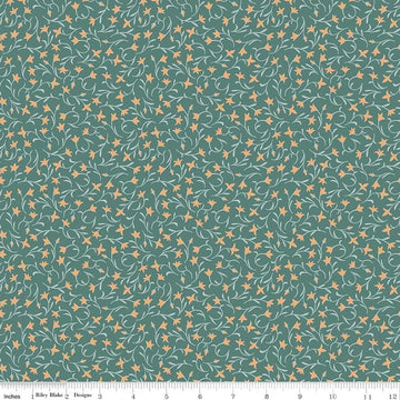 Image of Ambleside Flower Toss Teal quilting cotton fabric by Amanda Niederhauser for Riley Blake Designs. Features flowers on a green background. Cute Little Fabric Shop