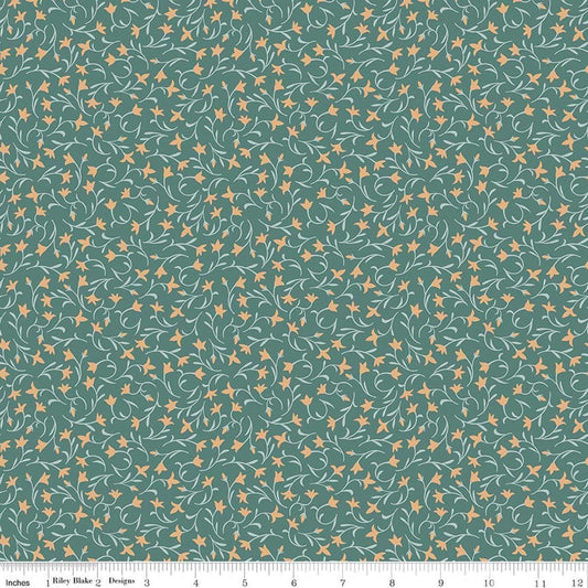 Image of Ambleside Flower Toss Teal quilting cotton fabric by Amanda Niederhauser for Riley Blake Designs. Features flowers on a green background. Cute Little Fabric Shop