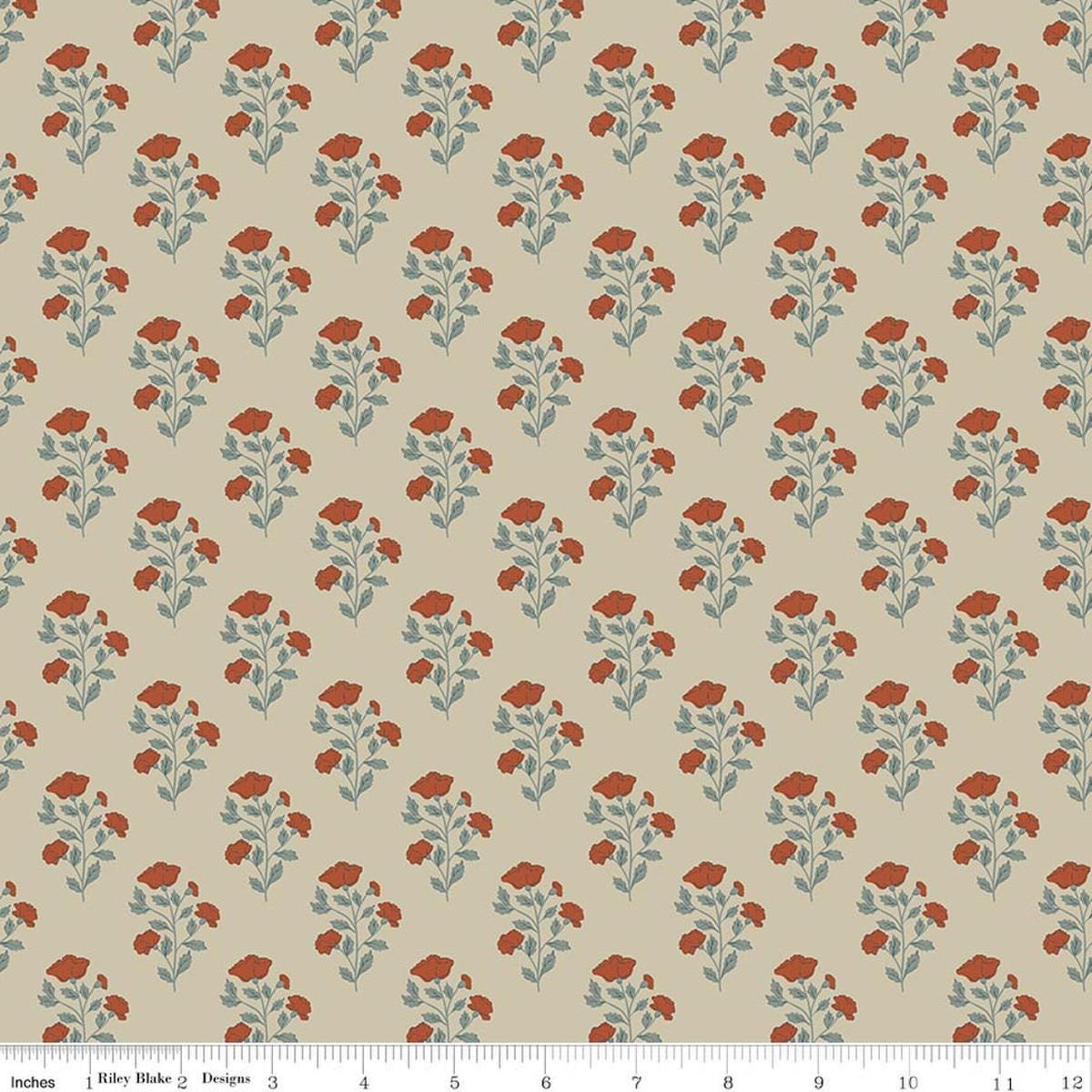 Image of Ambleside Flower Stems Sand quilting cotton fabric by Amanda Niederhauser for Riley Blake Designs. Features flowers on a beige background. Cute Little Fabric Shop