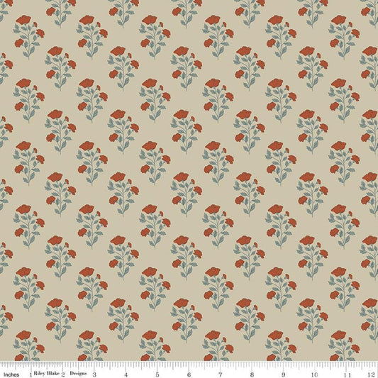 Image of Ambleside Flower Stems Sand quilting cotton fabric by Amanda Niederhauser for Riley Blake Designs. Features flowers on a beige background. Cute Little Fabric Shop