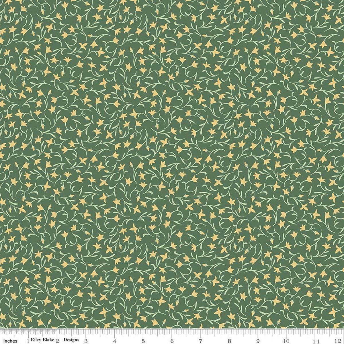 Image of Ambleside Flower Toss Green quilting cotton fabric by Amanda Niederhauser for Riley Blake Designs. Features flowers on a green background. Cute Little Fabric Shop