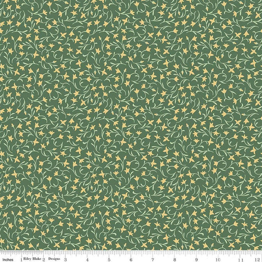 Image of Ambleside Flower Toss Green quilting cotton fabric by Amanda Niederhauser for Riley Blake Designs. Features flowers on a green background. Cute Little Fabric Shop