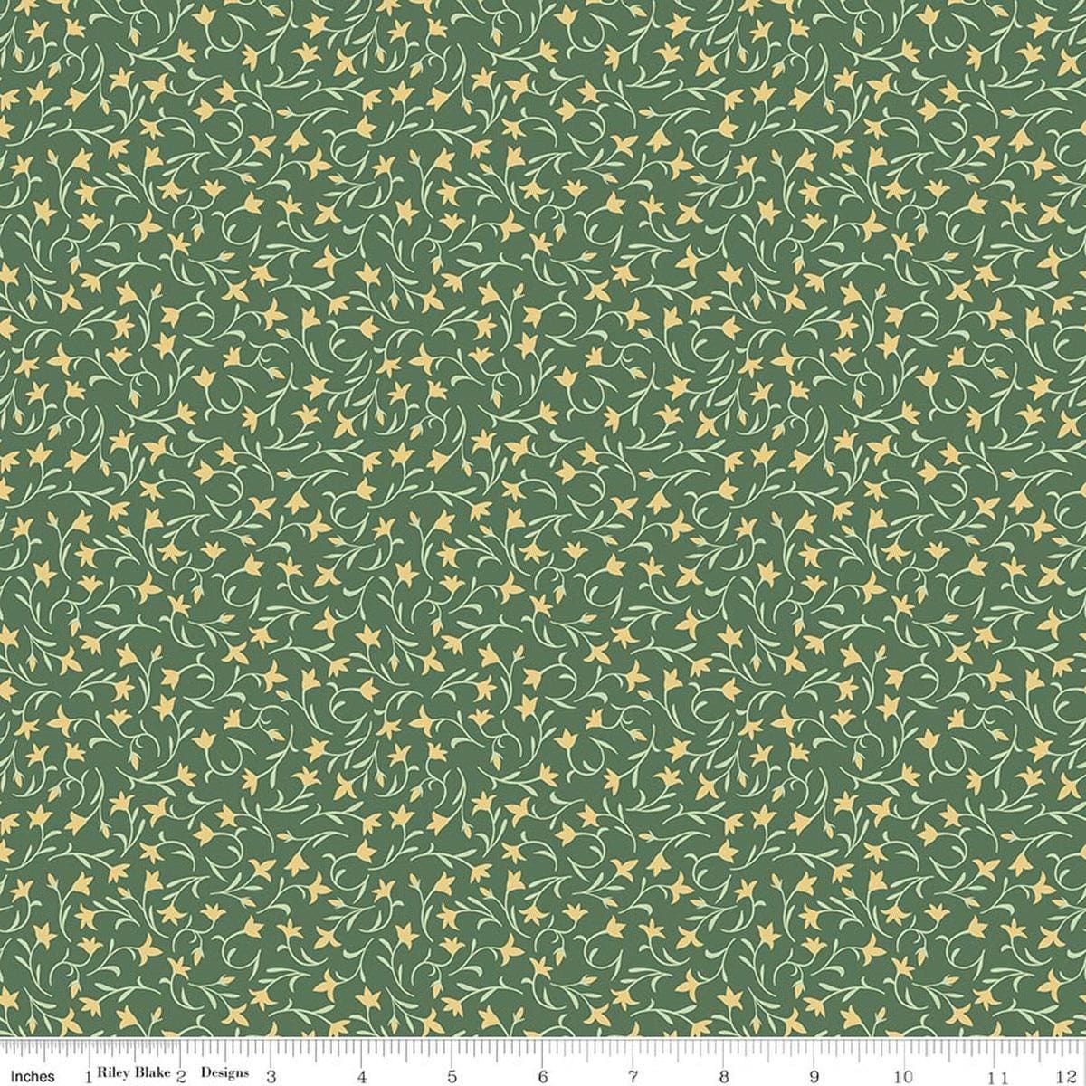 Image of Ambleside Flower Toss Green quilting cotton fabric by Amanda Niederhauser for Riley Blake Designs. Features flowers on a green background. Cute Little Fabric Shop