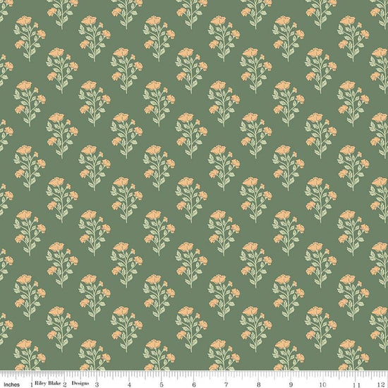 Image of Ambleside Flower Stems Green quilting cotton fabric by Amanda Niederhauser for Riley Blake Designs. Features flowers on a green background. Cute Little Fabric Shop