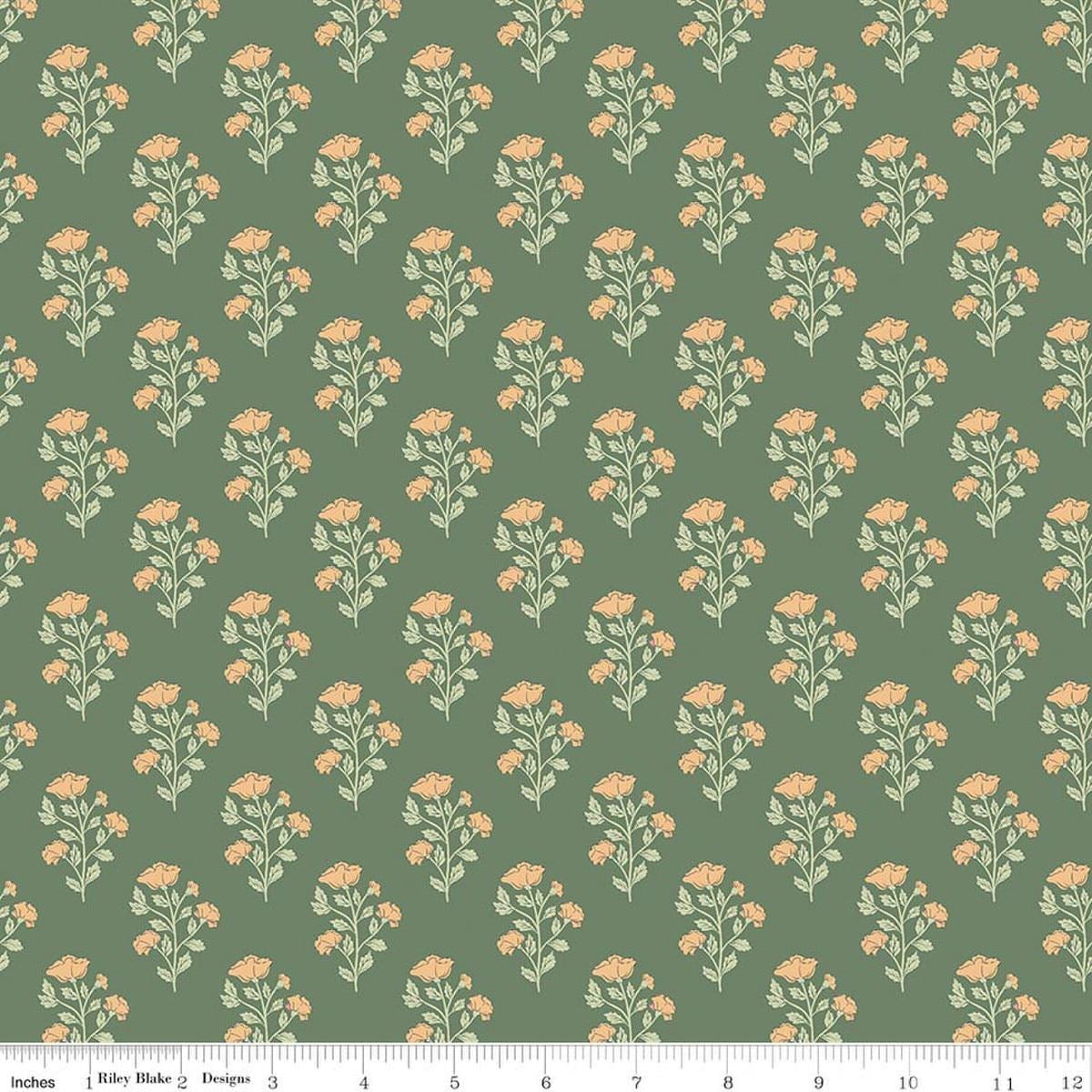 Image of Ambleside Flower Stems Green quilting cotton fabric by Amanda Niederhauser for Riley Blake Designs. Features flowers on a green background. Cute Little Fabric Shop