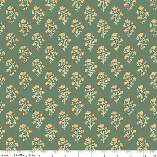 Image of Ambleside Flower Stems Green quilting cotton fabric by Amanda Niederhauser for Riley Blake Designs. Features flowers on a green background. Cute Little Fabric Shop