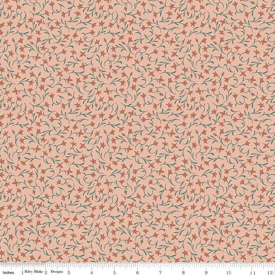 Image of Ambleside Flower Toss Blush quilting cotton fabric by Amanda Niederhauser for Riley Blake Designs. Features flowers on an orange background. Cute Little Fabric Shop