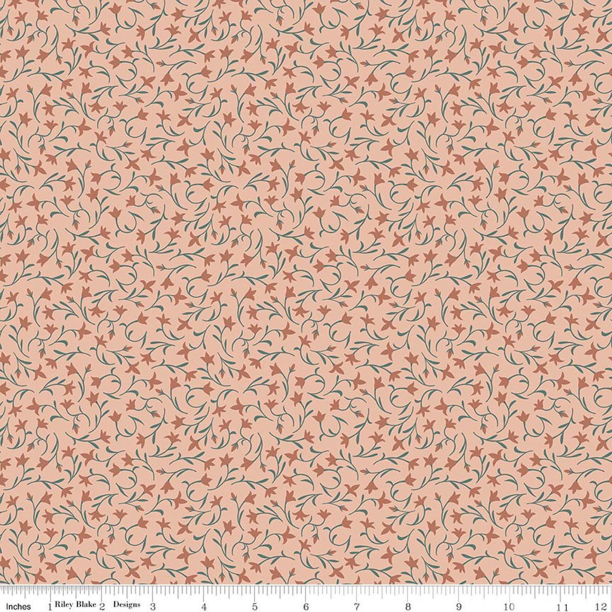 Image of Ambleside Flower Toss Blush quilting cotton fabric by Amanda Niederhauser for Riley Blake Designs. Features flowers on an orange background. Cute Little Fabric Shop