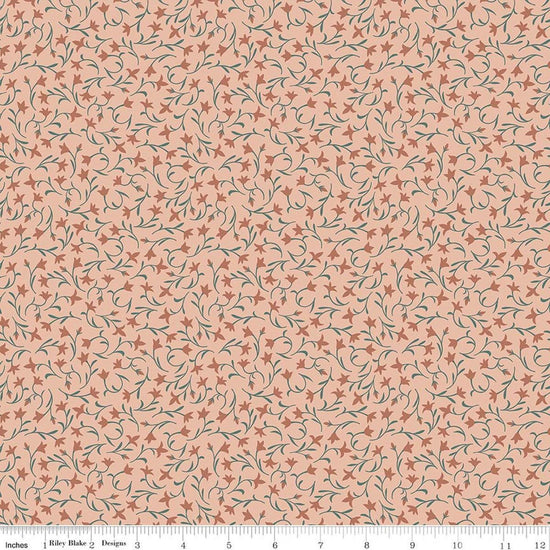 Image of Ambleside Flower Toss Blush quilting cotton fabric by Amanda Niederhauser for Riley Blake Designs. Features flowers on an orange background. Cute Little Fabric Shop