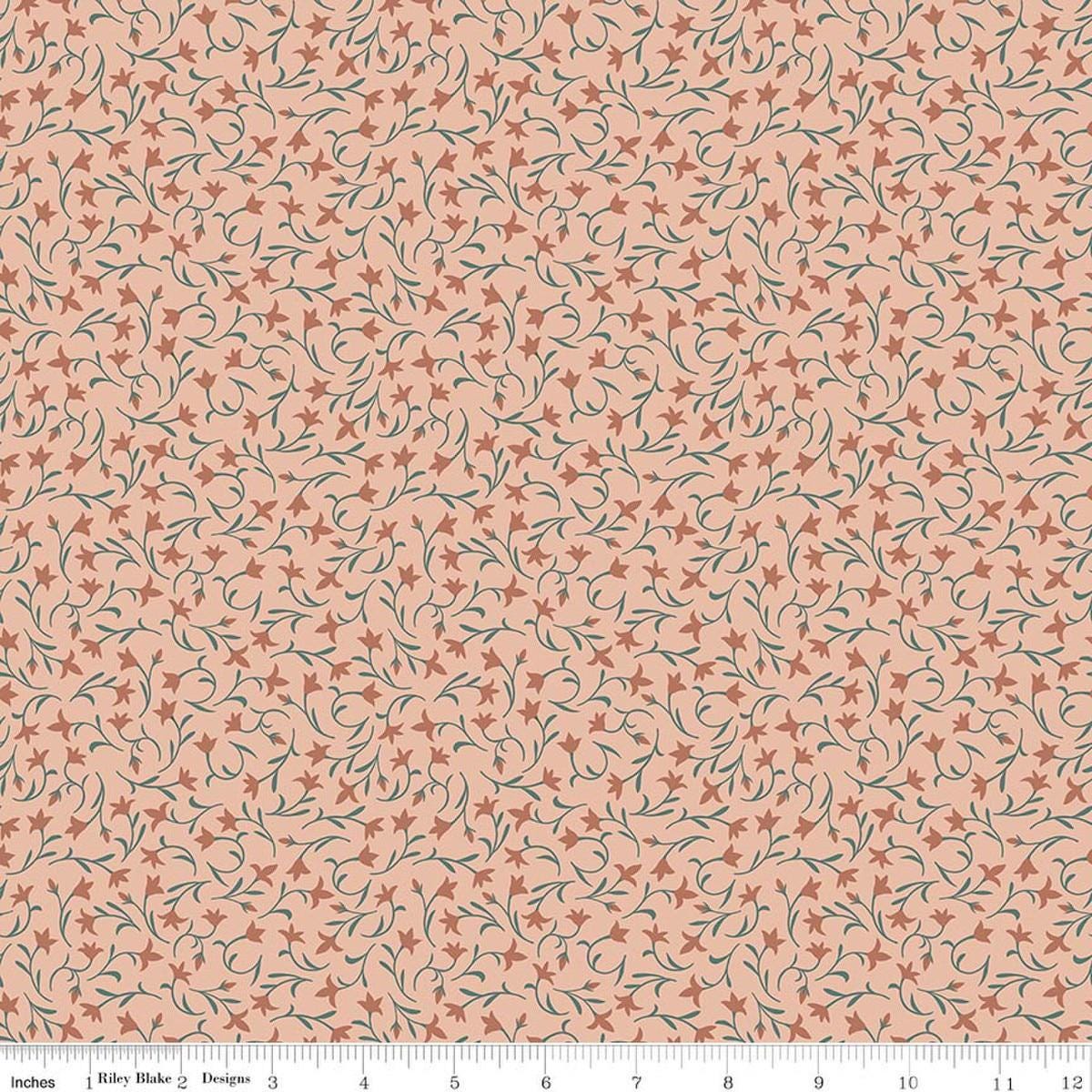 Image of Ambleside Flower Toss Blush quilting cotton fabric by Amanda Niederhauser for Riley Blake Designs. Features flowers on an orange background. Cute Little Fabric Shop