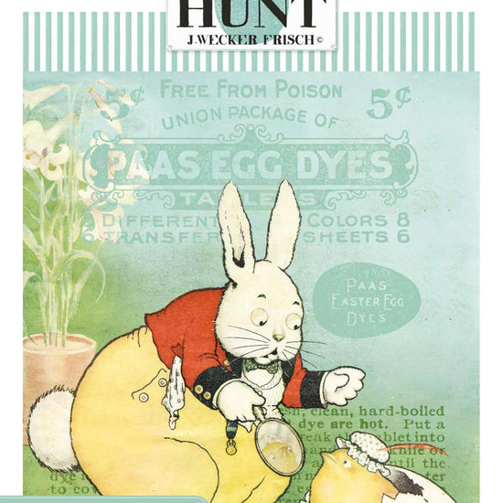 The image is a colorful illustration of a rabbit and a bird, with the rabbit holding a magnifying glass and the bird sitting on a cracked egg. The background features text and illustrations related to Easter and the egg hunt.