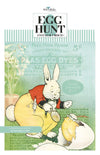 The image is a colorful illustration of a rabbit and a bird, with the rabbit holding a magnifying glass and the bird sitting on a cracked egg. The background features text and illustrations related to Easter and the egg hunt.