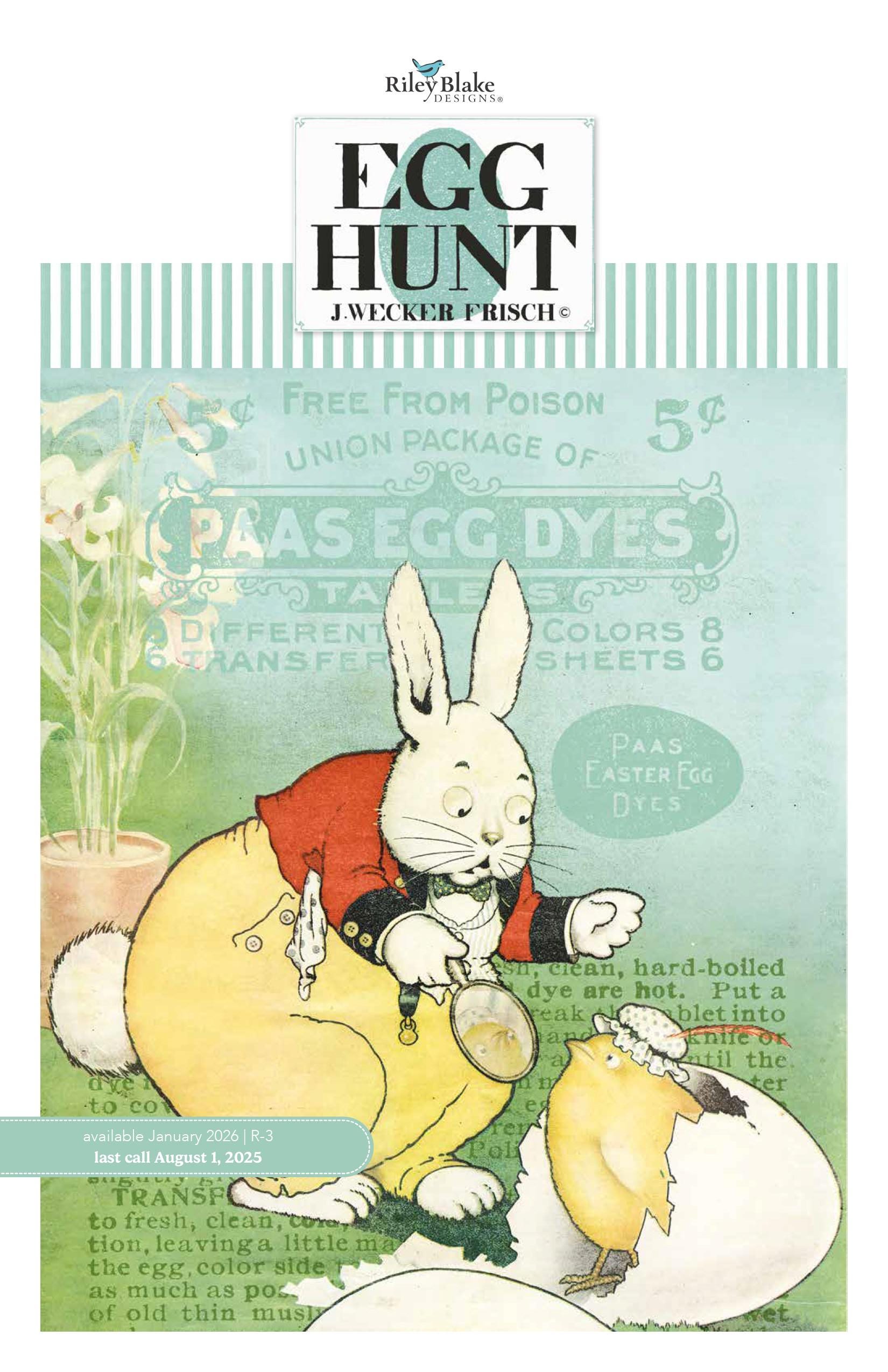The image is a colorful illustration of a rabbit and a bird, with the rabbit holding a magnifying glass and the bird sitting on a cracked egg. The background features text and illustrations related to Easter and the egg hunt.