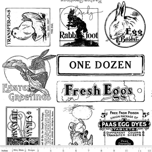 Image of Egg Hunt Easter Ads White quilting cotton fabric by J. Wecker Frisch for Riley Blake Designs. Features words on a white background. Cute Little Fabric Shop.
