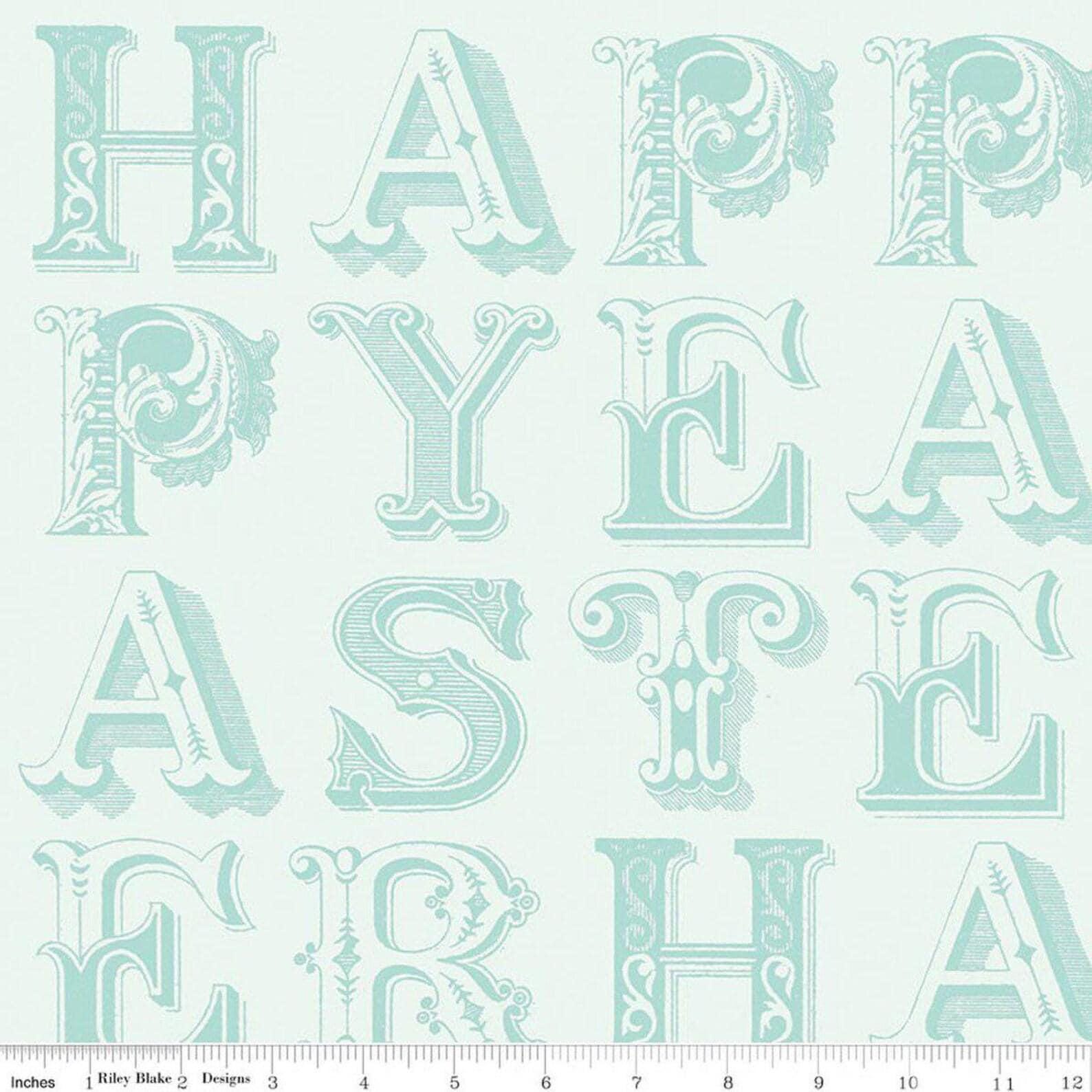 Image of Egg Hunt Happy Easter Blender Aqua quilting cotton fabric by J. Wecker Frisch for Riley Blake Designs. Features words on a white background. Cute Little Fabric Shop.