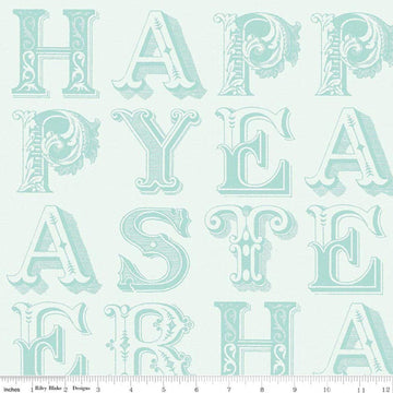 Image of Egg Hunt Happy Easter Blender Aqua quilting cotton fabric by J. Wecker Frisch for Riley Blake Designs. Features words on a white background. Cute Little Fabric Shop.