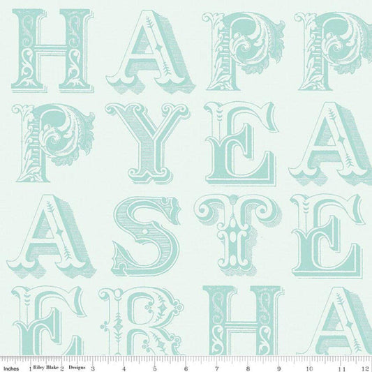 Image of Egg Hunt Happy Easter Blender Aqua quilting cotton fabric by J. Wecker Frisch for Riley Blake Designs. Features words on a white background. Cute Little Fabric Shop.