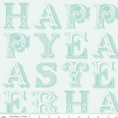 Image of Egg Hunt Happy Easter Blender Aqua quilting cotton fabric by J. Wecker Frisch for Riley Blake Designs. Features words on a white background. Cute Little Fabric Shop.
