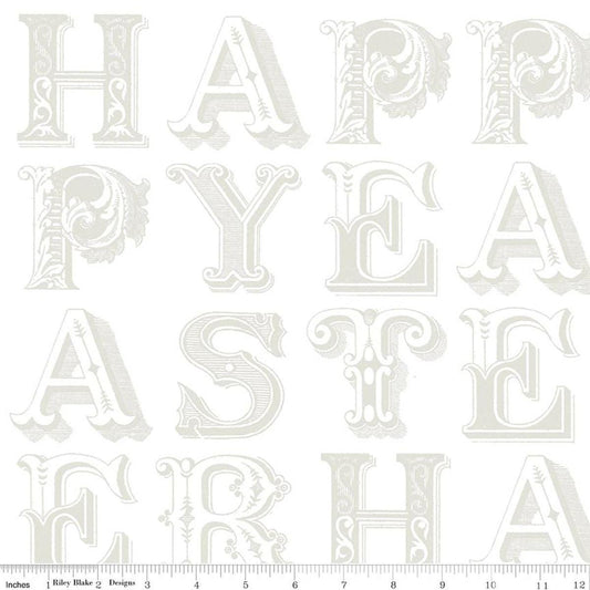 Image of Egg Hunt Happy Easter Blender White quilting cotton fabric by J. Wecker Frisch for Riley Blake Designs. Features words on a white background. Cute Little Fabric Shop.