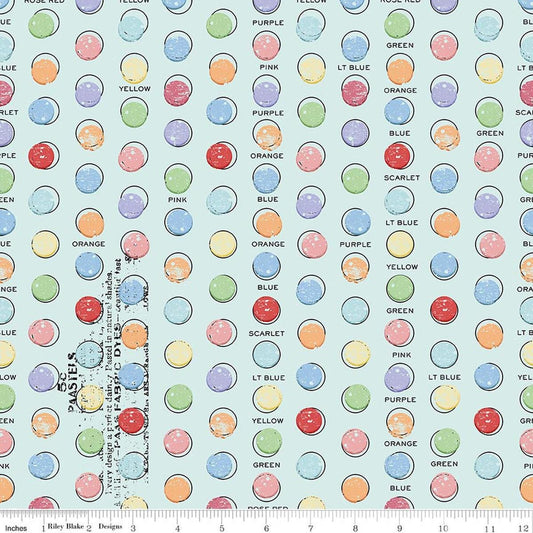 Image of Egg Hunt Egg Dye Dots Aqua quilting cotton fabric by J. Wecker Frisch for Riley Blake Designs. Features dots on a blue background. Cute Little Fabric Shop.