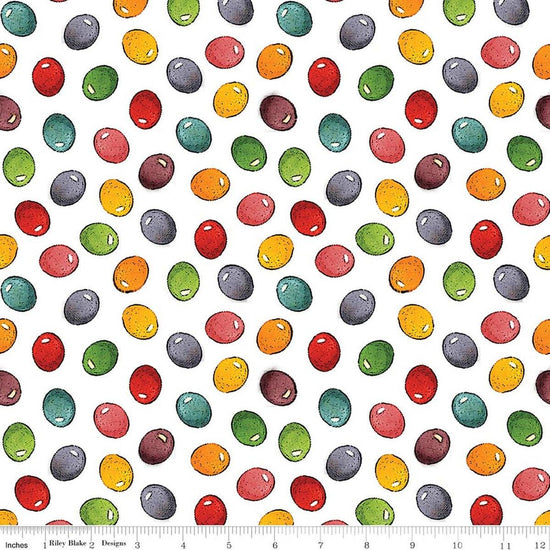 Image of Egg Hunt Jelly Beans White quilting cotton fabric by J. Wecker Frisch for Riley Blake Designs. Features beans on a white background. Cute Little Fabric Shop.
