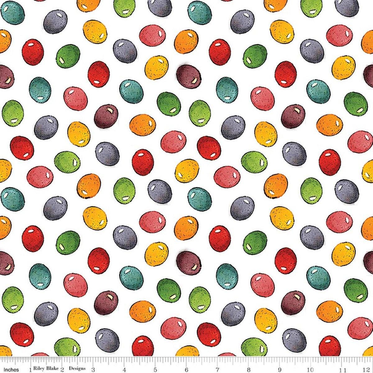 Image of Egg Hunt Jelly Beans White quilting cotton fabric by J. Wecker Frisch for Riley Blake Designs. Features beans on a white background. Cute Little Fabric Shop.