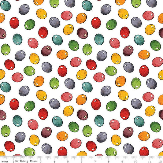 Image of Egg Hunt Jelly Beans White quilting cotton fabric by J. Wecker Frisch for Riley Blake Designs. Features beans on a white background. Cute Little Fabric Shop.