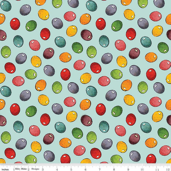 Image of Egg Hunt Jelly Beans Aqua quilting cotton fabric by J. Wecker Frisch for Riley Blake Designs. Features beans on a blue background. Cute Little Fabric Shop.