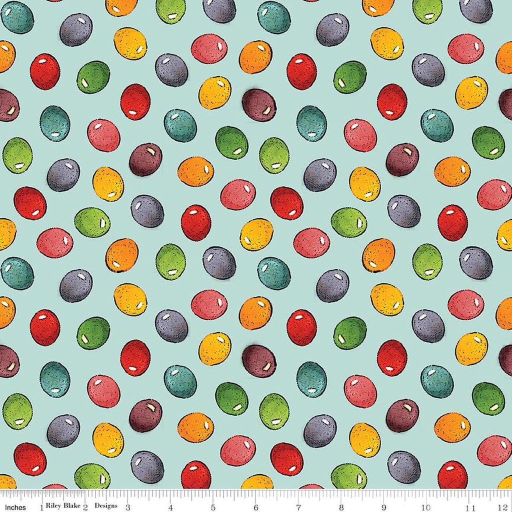 Image of Egg Hunt Jelly Beans Aqua quilting cotton fabric by J. Wecker Frisch for Riley Blake Designs. Features beans on a blue background. Cute Little Fabric Shop.