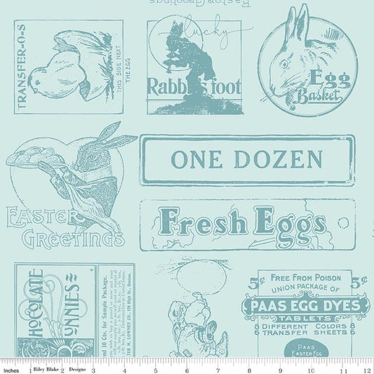 Image of Egg Hunt Easter Ads Aqua quilting cotton fabric by J. Wecker Frisch for Riley Blake Designs. Features words on a blue background. Cute Little Fabric Shop.