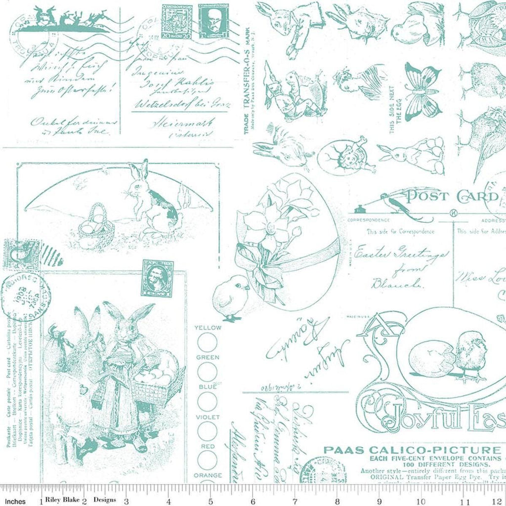 Image of Egg Hunt Easter Post Aqua quilting cotton fabric by J. Wecker Frisch for Riley Blake Designs. Features words on a white background. Cute Little Fabric Shop.