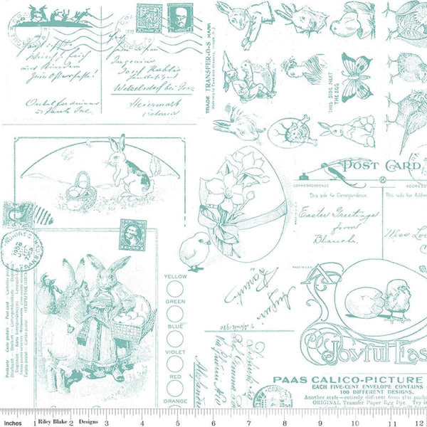 Image of Egg Hunt Easter Post Aqua quilting cotton fabric by J. Wecker Frisch for Riley Blake Designs. Features words on a white background. Cute Little Fabric Shop.