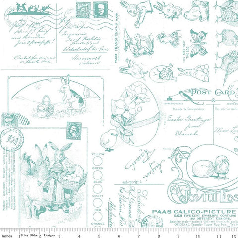 Image of Egg Hunt Easter Post Aqua quilting cotton fabric by J. Wecker Frisch for Riley Blake Designs. Features words on a white background. Cute Little Fabric Shop.